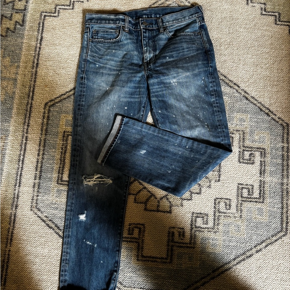 J. Crew Men's Slim Straight Jeans in Dark Blue with Paint-Splatter Style 770
